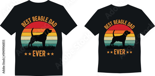Vintage retro sunset t-shirt design with distressed beagle dog silhouette and best beagle dad ever text for fathers day gift
