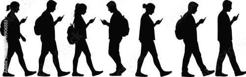 Silhouettes of walking people using smartphones, modern youth with backpacks, mobile phone addiction concept, vector illustration of digital lifestyle