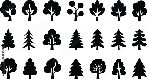 Simple tree silhouette icon set, cartoon forest vector collection for logo design, nature illustration, woodland clipart isolated shapes