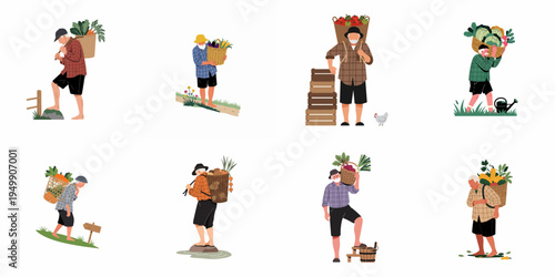 Set of illustrations featuring elderly male farmers carrying various fresh vegetables in baskets, depicting a harvest theme, isolated on white background.