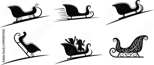 Sleigh vector illustration, CAD style black silhouette sketch, winter ride, festive motion, decorative sled design, holiday celebration art
