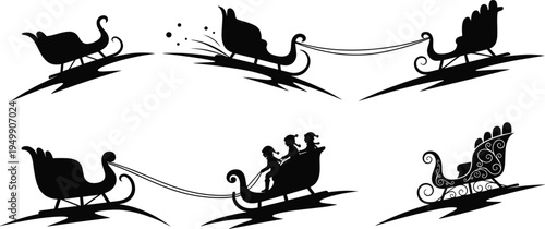 Sleigh vector illustration, CAD style black silhouette sketch, winter ride, festive motion, children sledding, decorative sled design, flat art