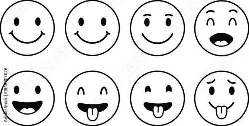 Smiley face icons – expressive happy emojis, playful tongue out faces, joyful emoticons, positive mood, fun cartoon smiles, emotional symbols