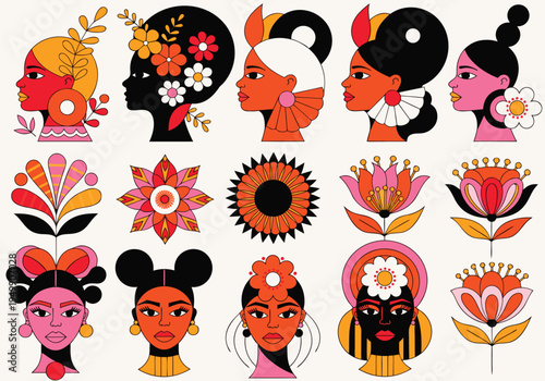 A collection of female portrait icons and stylized flower symbols arranged in a grid with warm tones and elaborate floral headgear on a white background.
