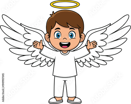 Smiling cartoon angel with halo and wings, childlike celestial figure, flat vector illustration, cad drawing style, innocence and purity