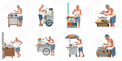 Set of illustrations depicting an elderly Asian street food vendor preparing and serving noodles from various traditional mobile carts and stalls.