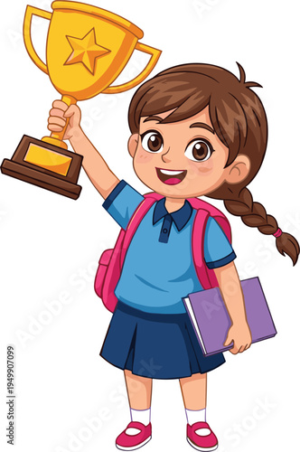 Smiling schoolgirl holding trophy and book, academic success, student achievement, cartoon character, educational pride, vector illustration, winner pose