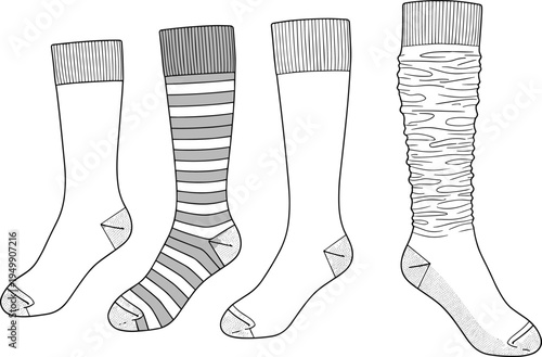 Sock design illustration, fashion flat sketch, textile pattern variations, ribbed cuff, reinforced heel, striped and textured styles, product comparison