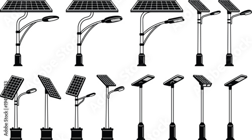 Solar street light silhouettes collection, modern photovoltaic LED lamp post vector set, renewable energy outdoor lighting isolated white