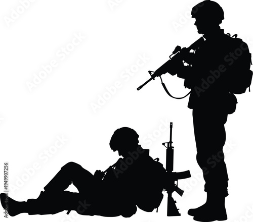 Soldier silhouette, military posture, armed forces, battlefield stance, war duty, combat gear, rifle ready, cad drawing flat vector illustration