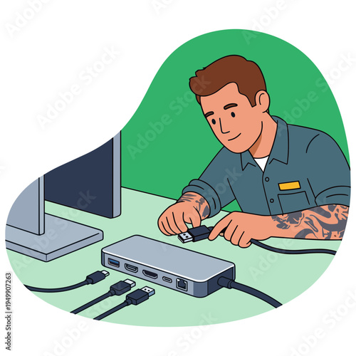 Man working on computer with network switch and cables on desk indoors
