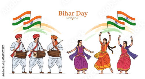 Illustration of traditional Indian dancers and musicians celebrating Bihar Day with flags in a vibrant cultural scene.