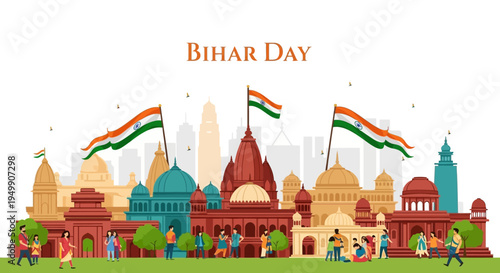 Illustration of a vibrant Bihar Day celebration with people, temples, and flags in a colorful cityscape, conveying a joyful and cultural mood.