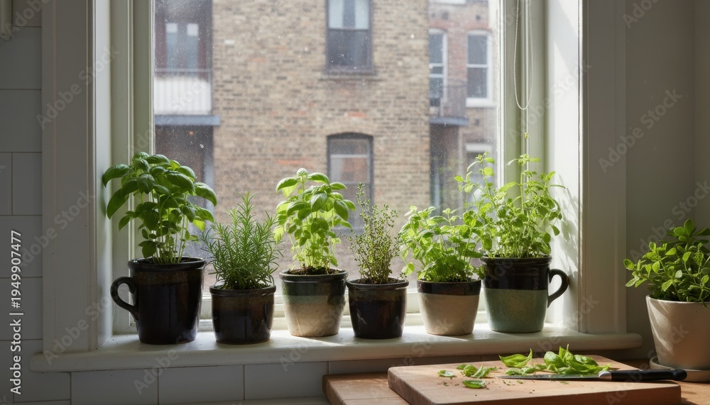 Fototapeta premium Sunlit kitchen herb garden with potted basil, rosemary, and thyme on window sill
