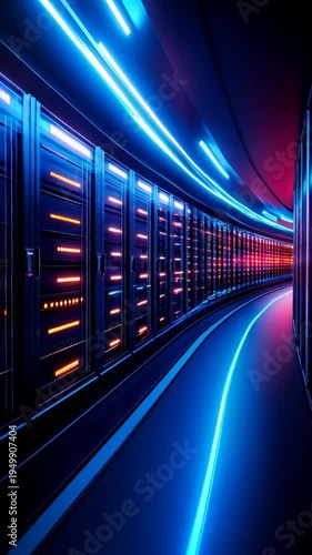 Futuristic Data Center Server Room with Neon Blue and Red Lights. Vertical view.