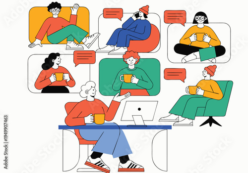 Seven diverse individuals participate in a virtual meeting through a digital video conference call while holding orange mugs and using a laptop.