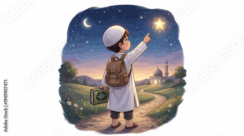 Back view of a young Muslim boy wearing a white kufi cap and traditional clothing