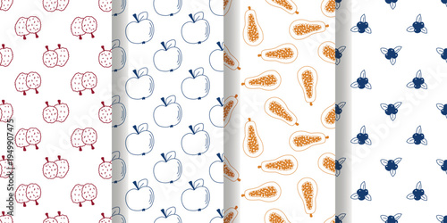 Set of seamless patterns with freehand berries and fruits. Hand drawn silhouettes of lychee, apple, blueberry and papaya on white background. Healthy organic food prints, vector graphics