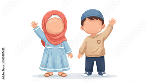 Cute minimalist vector illustration of two Muslim children happily greeting each other