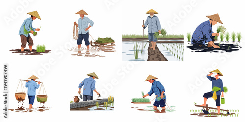 Collection of illustrations depicting Asian farmers working in rice paddy fields, wearing traditional conical hats and engaged in various agricultural tasks.