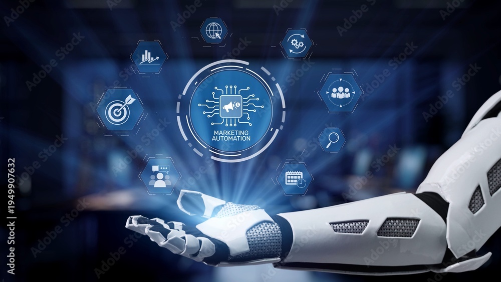 Fototapeta premium This image showcases a robotic hand extending towards marketing automation icons, symbolizing the fusion of technology and business strategy in today digital landscape. Synapse