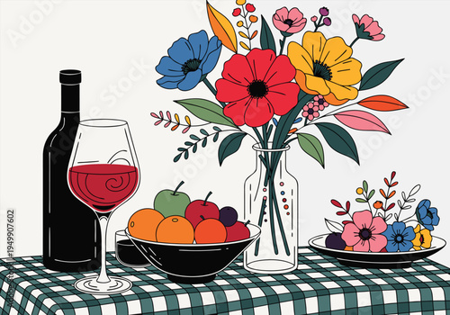 A still life scene on a green checkered tablecloth includes a bottle of wine a glass a bowl of fruit and a glass vase filled with colorful flowers.