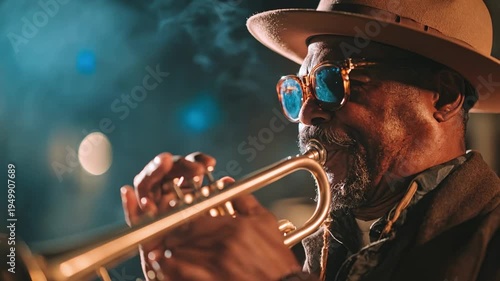 Stylish trumpet player wearing hat performing energetic jazz solo under smoky stage lights creating classic club atmosphere in warm atmospheric light in a timeless cultural setting
