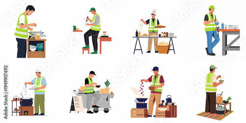 Illustrations of Industrial Workers in High-Visibility Vests Cooking, Seasoning, and Eating Meals in Various Work Settings