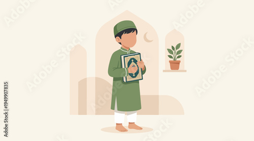 Minimalist flat vector illustration of a faceless Muslim boy wearing a green cap and traditional outfit