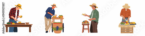 Set of flat illustrations of male street vendors and farmers preparing and selling fresh mangoes on a white background.