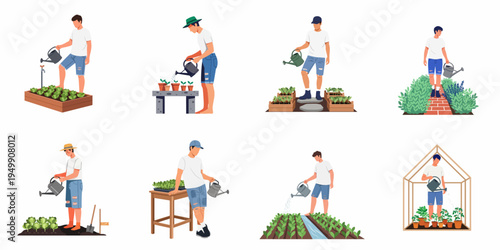 Flat vector illustration set of a man gardening, watering plants, seedlings, and vegetables in diverse settings like greenhouses, raised beds, and garden paths.