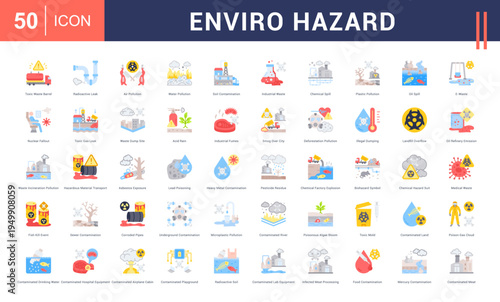 Enviro Hazard Icon Set. toxic waste barrel, radioactive leak, air pollution, water pollution, soil contamination and more. Flat Style vector icons collection.