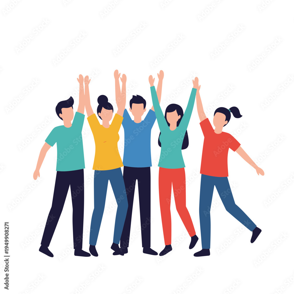 Fototapeta premium Young people celebrating and dancing together flat vector illustration