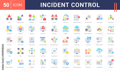 Incident Control Icon Set. incident, problem management, escalation, first-call resolution, downtime and more. Flat Style vector icons collection.
