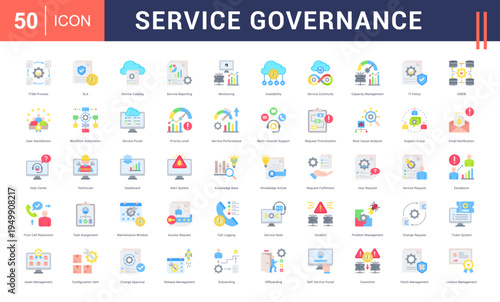 Service Governance Icon Set. itsm process, sla, service catalog, service reporting, monitoring and more. Flat Style vector icons collection.
