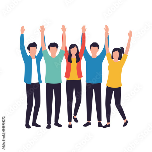 Happy team raising hands celebrating success flat vector people illustration