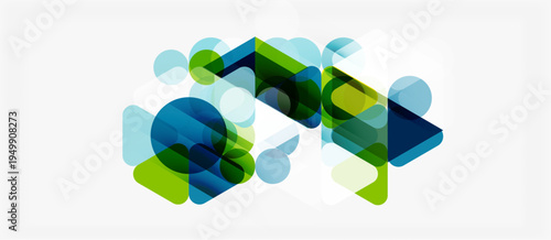 Abstract geometric shapes overlap, creating vibrant color blends. Greens, blues dominate composition. Modern design element.