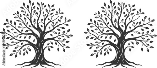 Stylized leafy tree silhouette vector illustration, decorative botanical nature trees set, elegant branches foliage design isolated graphic