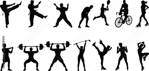 Sports and fitness silhouette collection showing martial arts, cycling, skating, tennis and weightlifting activities isolated vector illustration set