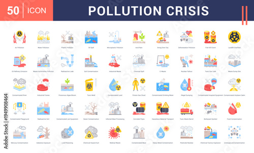 Pollution Crisis Icon Set. air pollution, water pollution, plastic pollution, oil spill, microplastic pollution and more. Flat Style vector icons collection.