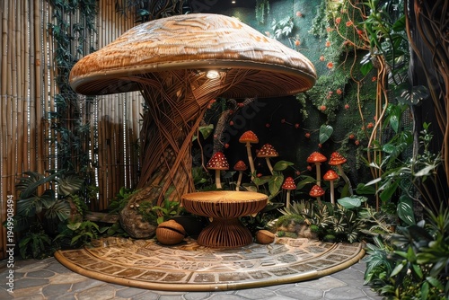 A whimsical rattan podium shaped like a mushroom in a forest setting.