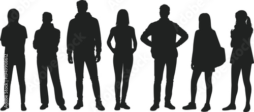 Standing human silhouette illustrations, black and white vector art of diverse postures, fashion styles, and casual poses