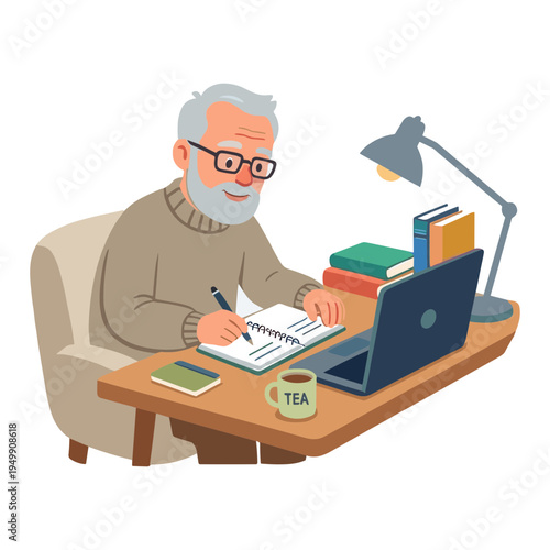 An elderly man studies intently while sitting at a desk with a laptop and books