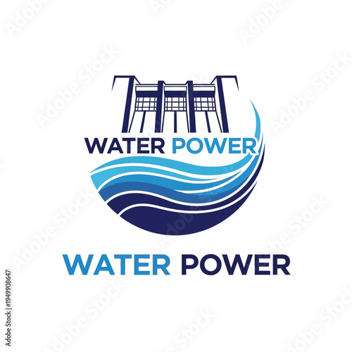 Water Power Logo with Hydroelectric Dam Structure and Abstract Waves, isolated white background