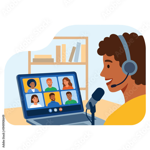 A person wearing a headset sits at a desk with a laptop showing a video conference call with multiple participants.