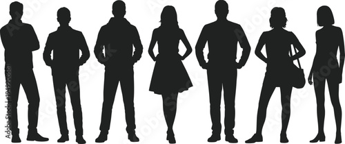 Standing people silhouettes, diverse men women group, human figures lineup, social community concept, black isolated vector illustration design