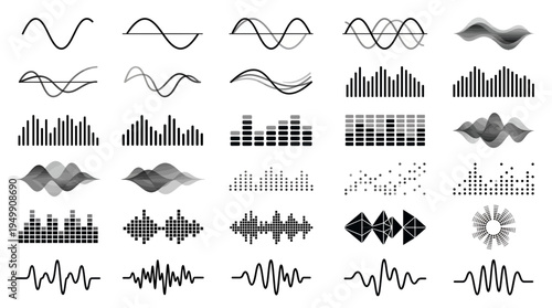 Collection of various sound waves and audio equalizer icons in black and white style isolated on white background, symbolizing digital audio processing and professional music production
