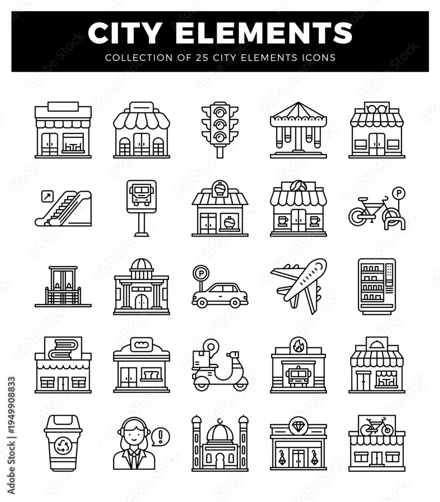 Fototapeta premium City elements collection icons on white background. Flat icons. Modern city graphics.