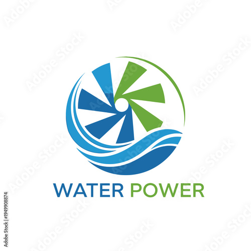 Water Power Logo with Green and Blue Turbine Blades and Waves in Circle, isolated white background