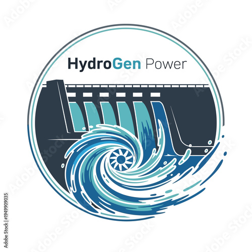 Dynamic HydroGen Power Logo Design with Hydroelectric Dam and Swirling Water Turbine, isolated white background